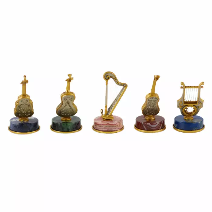 Set of Italian, silver miniatures of ten Renaissance string instruments. 