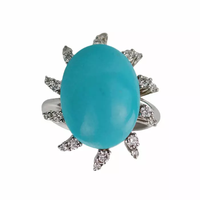 Bague en or 750, fabrication napolitaine avec turquoise et diamants. 