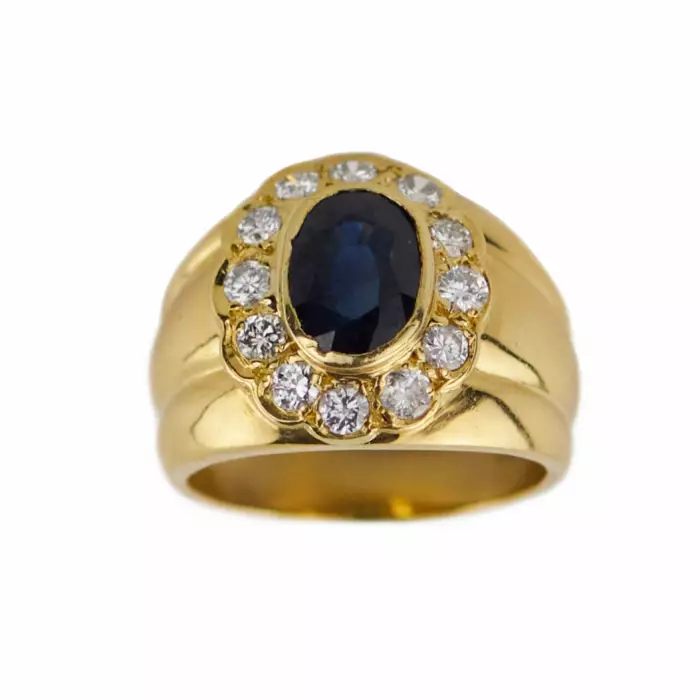 18K Gold Signet Ring with Sapphire and Diamonds. 