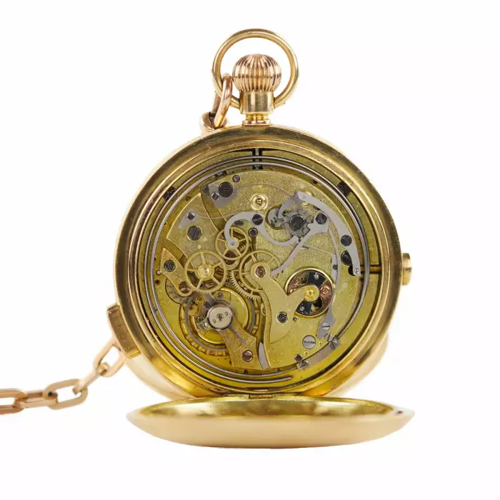  Montre de chasse en or avec répétition, calendrier et chronographe. Londres. 1912-13. 