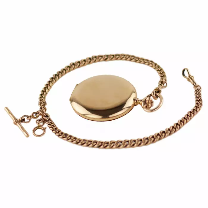 Montre de poche en or à trois boîtiers avec une chaîne et une scène érotique sur le cadran. 1900 