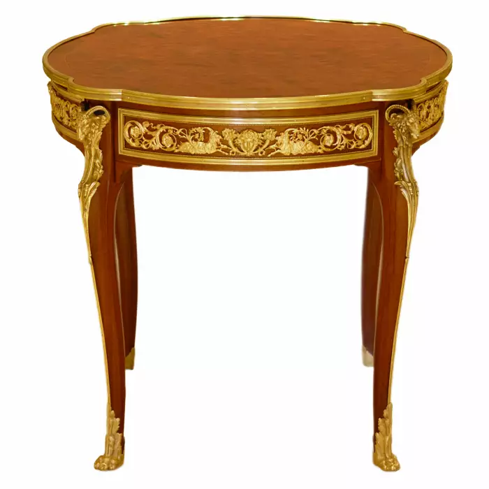 Mahogany table decorated with marquetry in the style of Louis XV, Francois Linke. Late 19th century 