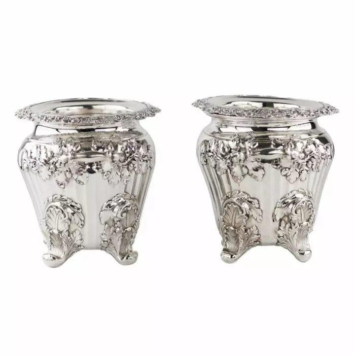 Pair of large, embossed silver wine coolers. England. 1804 Stephen Adams. 