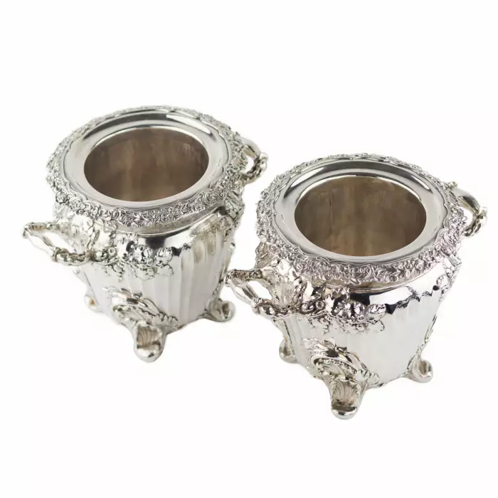 Pair of large, embossed silver wine coolers. England. 1804 Stephen Adams. 