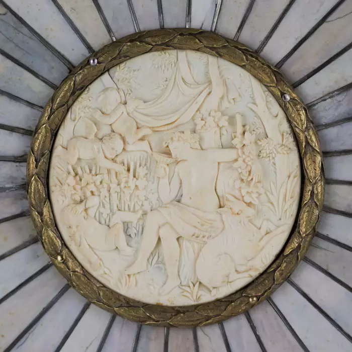 A magnificent neo-Renaissance Bacchus dish inlaid with ivory on wood in the manner of Johann Michael Maucher (1645-1701)
