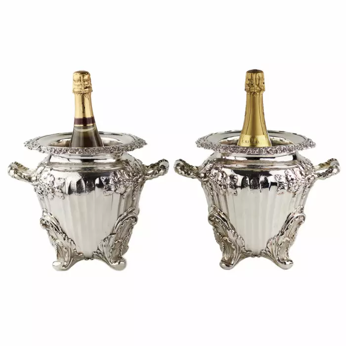 Pair of large, embossed silver wine coolers. England. 1804 Stephen Adams. 