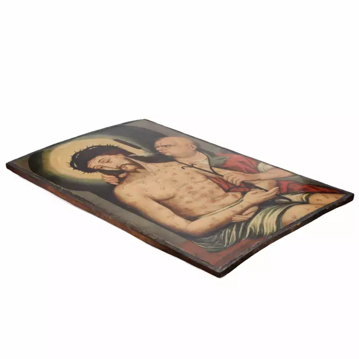 Un panneau d`autel haché avec une scène de la pose de la couronne d`épines. Ecce Homo, école castillane. 16e siècle. 