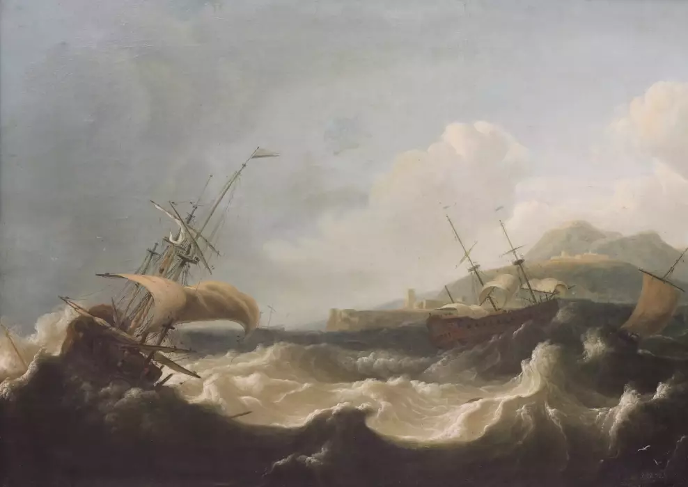 Paysage marin Mer agitée avec voiliers. 18e - 19e siècle. 