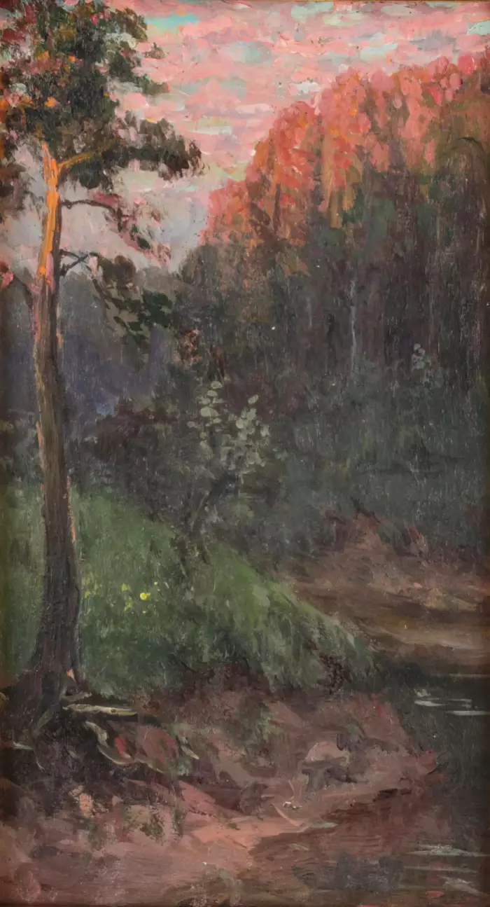Paysage au coucher du soleil sur la rivière. Russie 20e siècle. 