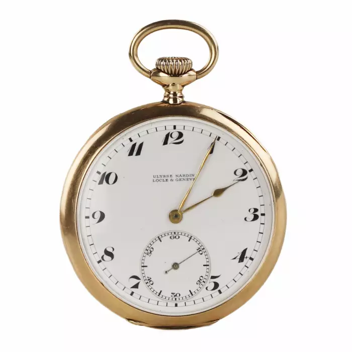Montre de poche en or Uyisse Nardin du tournant des XIXème et XXème siècles. Dans une boîte et avec une chaîne en or. 