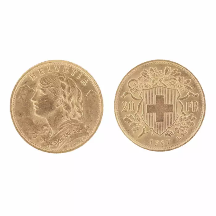 Pièce d`or de 20 francs suisses. 1947. 