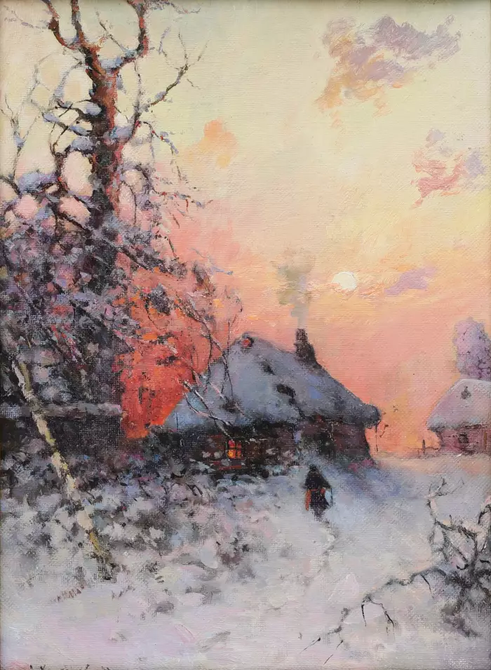  Paysage russe SOIRÉE D`HIVER DANS UN VILLAGE, école de Julius Klever. Le tournant des XIXe-XXe siècles. 