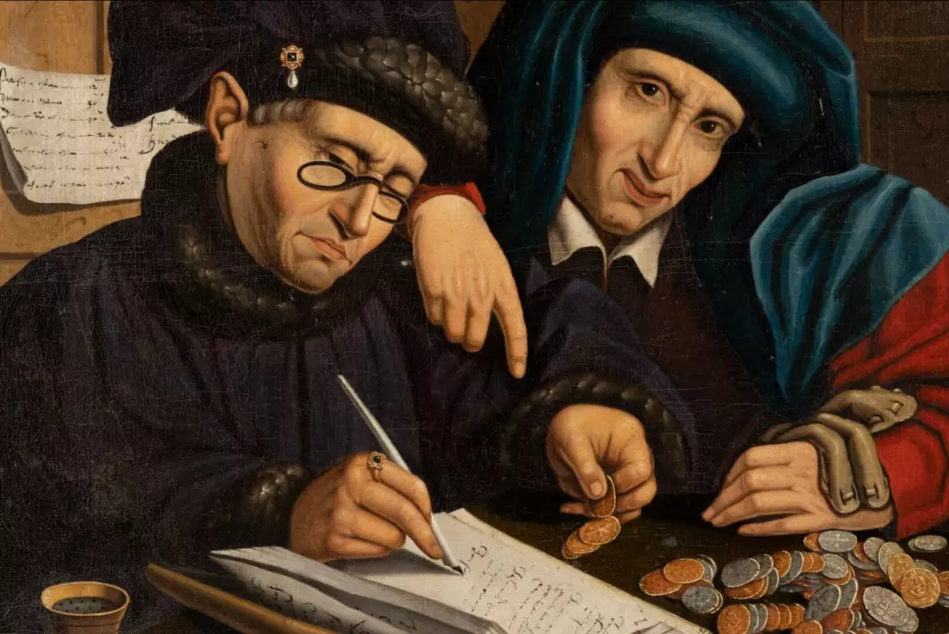 Peinture de collecteurs d`impôts ou de publicains. Disciple de Marinus van Reymerswaele. Tour du XVIIeXVIIIe siècle.