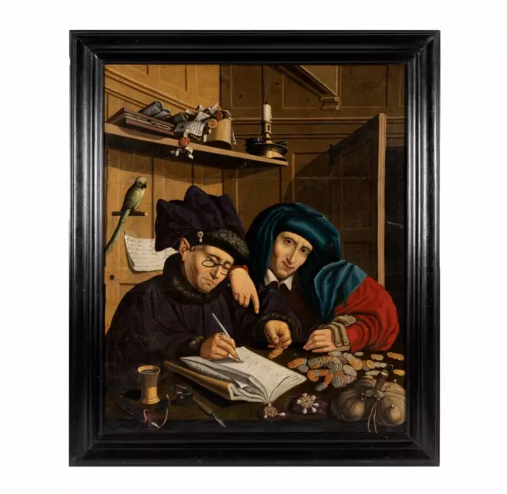 Peinture de collecteurs d`impôts ou de publicains. Disciple de Marinus van Reymerswaele. Tour du XVIIeXVIIIe siècle.