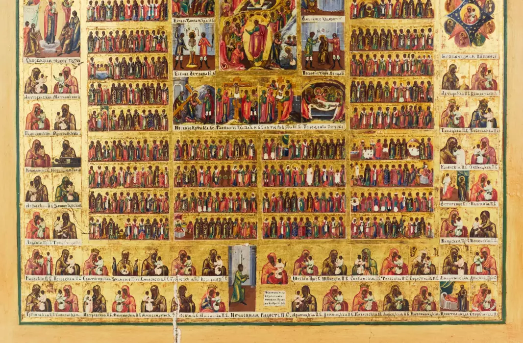 Une magnifique icône des Fêtes avec un menaion annuel et un cycle à deux rangées d`icônes de Theotokos. Russie.19ème siècle. 