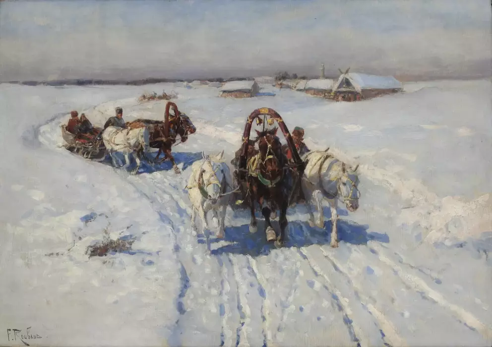 Крестьянские тройки зимой.  Рубо Франц Алексеевич, 1856 Одесса - 1928 Мюнхен