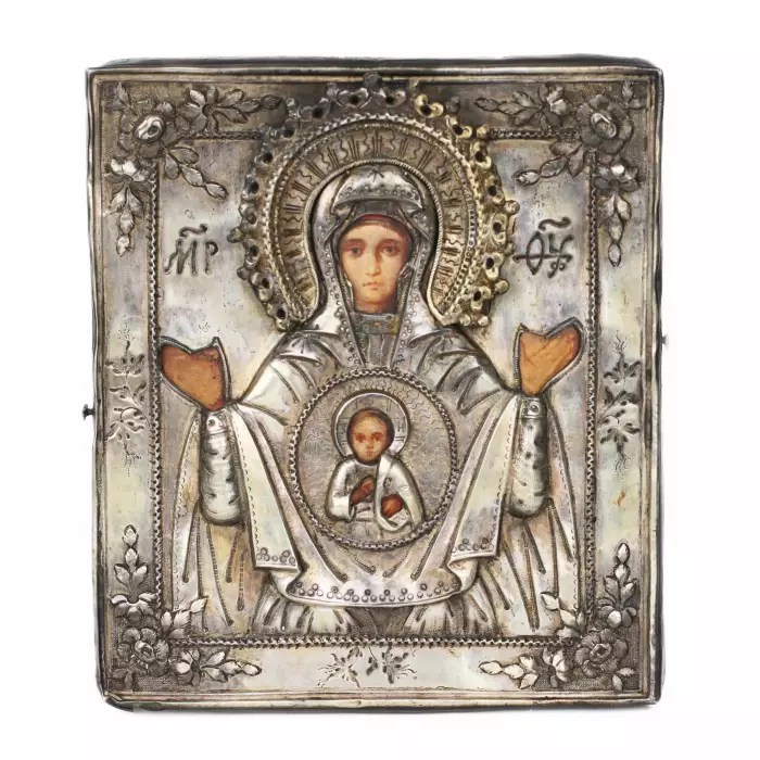 Icône de Novgorod de la Mère de Dieu du Signe dans un cadre en argent. Russie.19ème siècle 