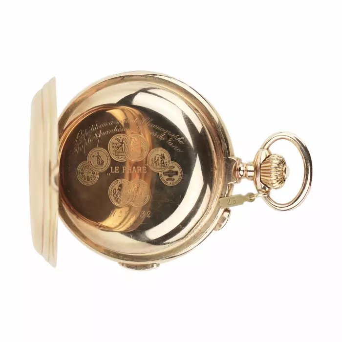  Répétition minutes, chronographe, triple quantième, phases de lune. Or 14 K. Le Phare pour la Russie. au tournant des XIXème et XXème siècles. 