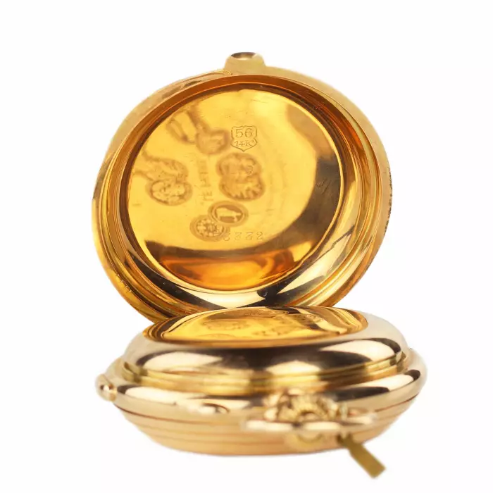  Répétition minutes, chronographe, triple quantième, phases de lune. Or 14 K. Le Phare pour la Russie. au tournant des XIXème et XXème siècles. 