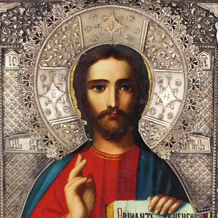 ICON OF CHRIST PANTOCRATOR WITH A SILVER OKLAD BY THE FACTORY OF IVAN SEMYONOVICH GUBKIN. RUSSIA, MOSCOW, 1865