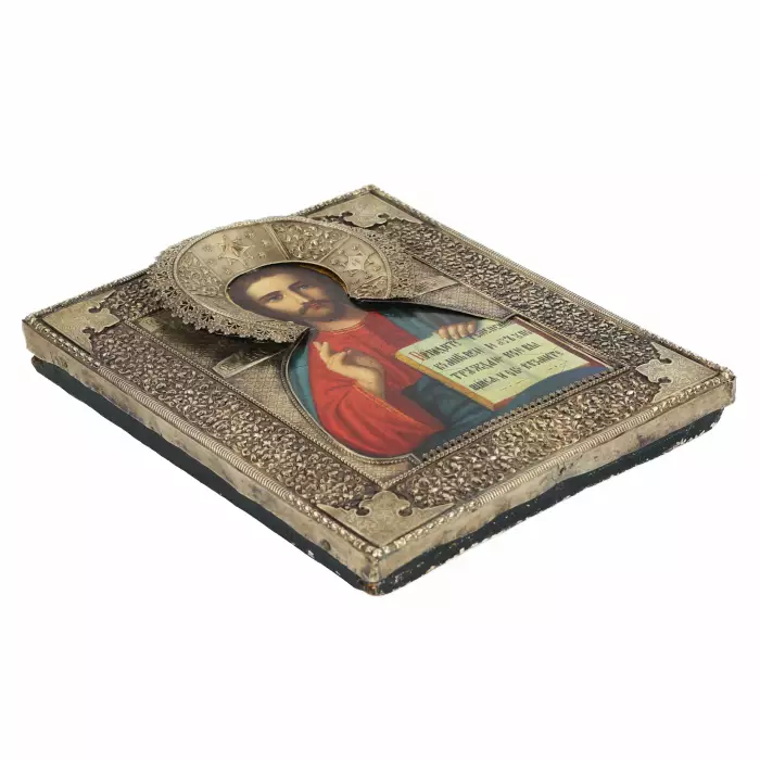 ICON OF CHRIST PANTOCRATOR WITH A SILVER OKLAD BY THE FACTORY OF IVAN SEMYONOVICH GUBKIN. RUSSIA, MOSCOW, 1865