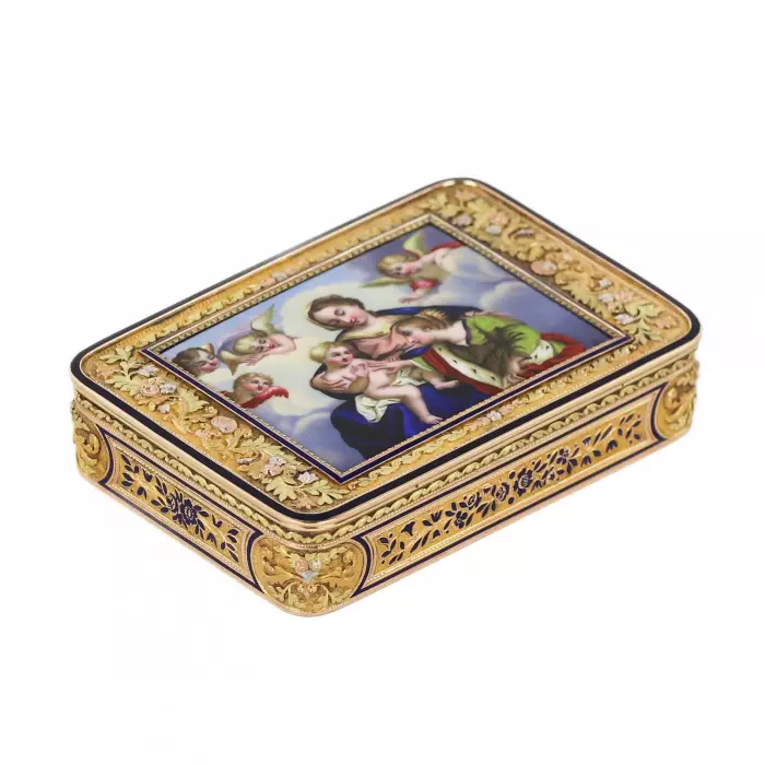 GOLD SNUFFBOX WITH MINIATURE “SAINTE ANNE TRINITAIRE”. ATTRIBUTED TO JOHANN DANIEL BERNEAUD (1773 - 1861) SWITZERLAND, CIRCA 1820 - 1835