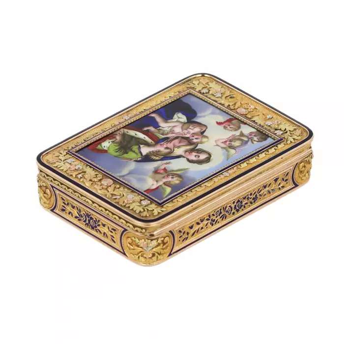 GOLD SNUFFBOX WITH MINIATURE “SAINTE ANNE TRINITAIRE”. ATTRIBUTED TO JOHANN DANIEL BERNEAUD (1773 - 1861) SWITZERLAND, CIRCA 1820 - 1835