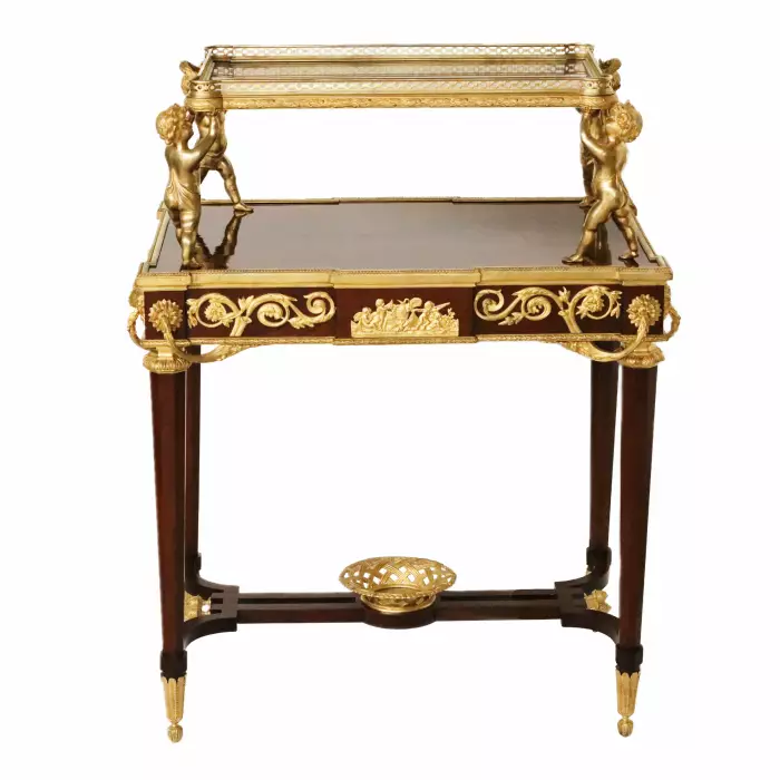 Two-tier tea table with attributes in the Louis XVI style, modeled by Francois Lincke. France, late 19th century 