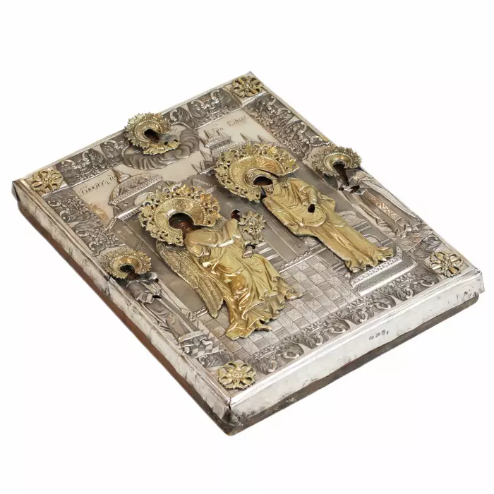 Rare icône de l`Annonciation dans un cadre en argent doré par Ivan Semyonovich Gubkin, Russie, années 1840.