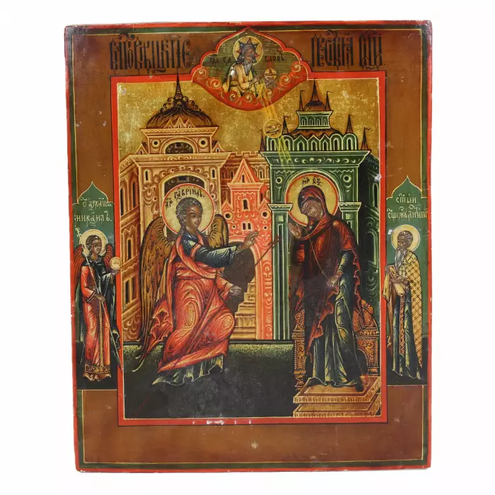 Rare icône de l`Annonciation dans un cadre en argent doré par Ivan Semyonovich Gubkin, Russie, années 1840.