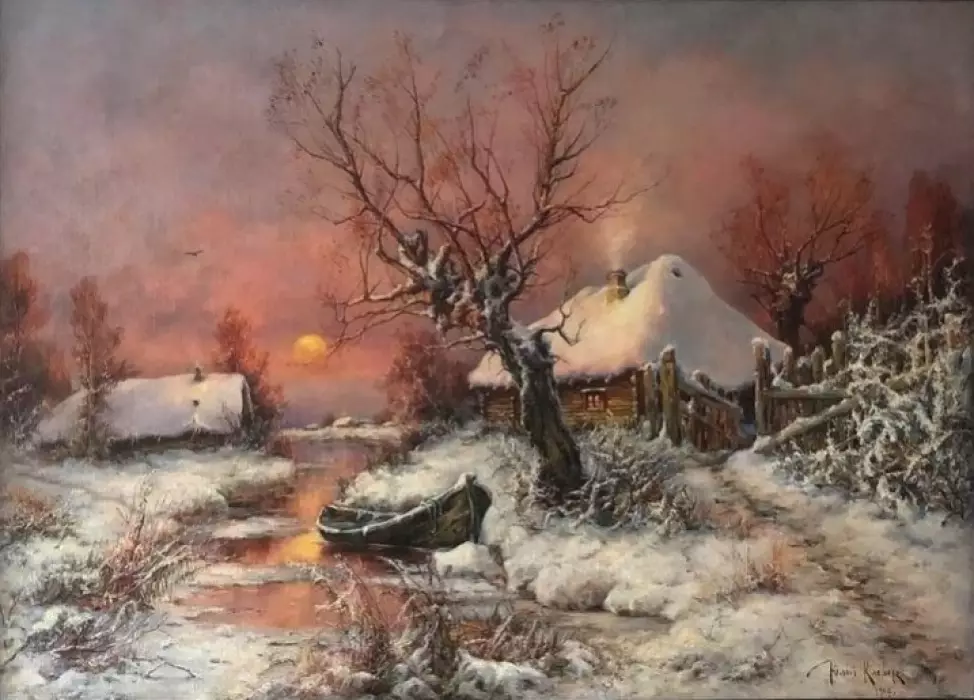 Tableau « Bateau sur un ruisseau d`hiver » Julius Klever 1904 