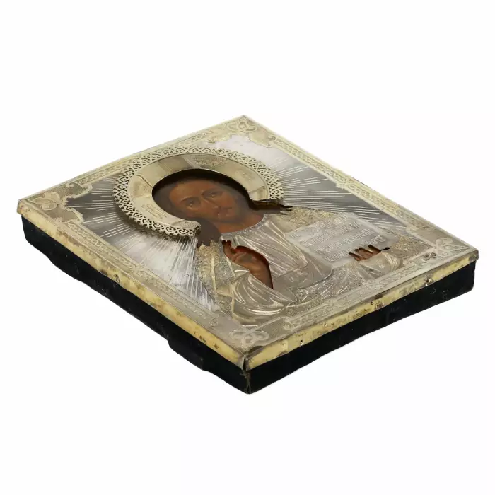 ICÔNE « LE CHRIST PANTOCRATOR » AVEC OKLAD EN ARGENT, MAISON P.A. OVCHINNIKOV RUSSIE, MOSCOU, 1866