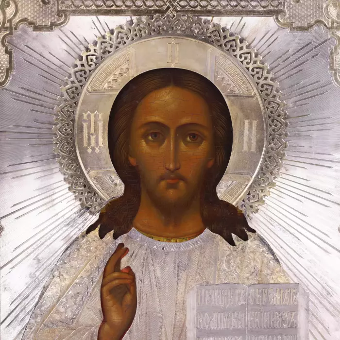 ICÔNE « LE CHRIST PANTOCRATOR » AVEC OKLAD EN ARGENT, MAISON P.A. OVCHINNIKOV RUSSIE, MOSCOU, 1866