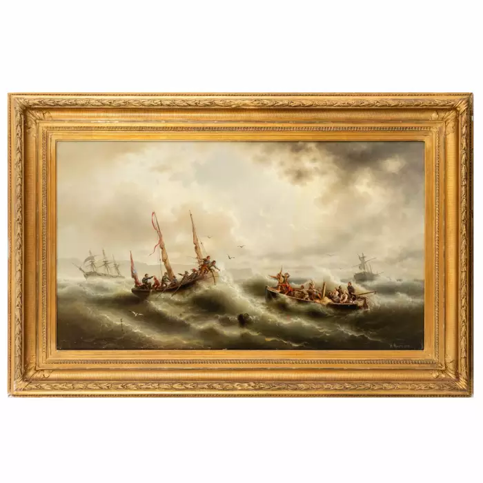 Painting Rescue of the shipwrecked off the coast of Genoa. ALBERT RIEGER. 19th century.