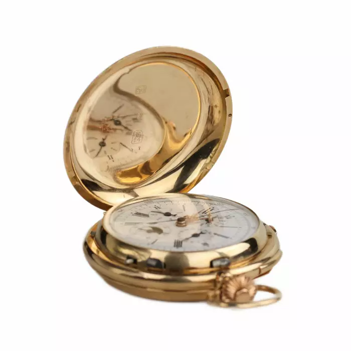MONTRE DE POCHE EN OR AVEC RÉPÉTITION DES QUARTS, CHRONOGRAPHE, CALENDRIER TRIPLE ET PHASES DE LUNE. REYEM FRÈRES LOCLE  SUISSE, VERS 1900