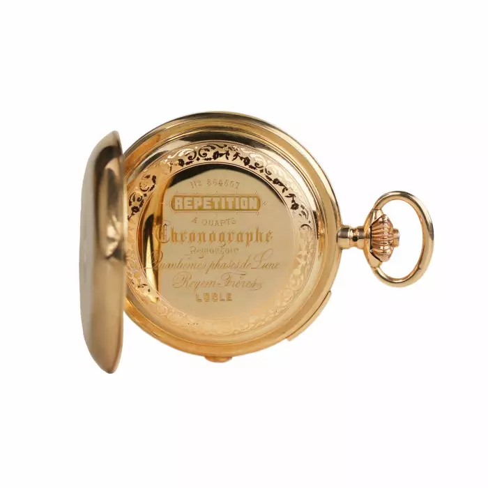 MONTRE DE POCHE EN OR AVEC RÉPÉTITION DES QUARTS, CHRONOGRAPHE, CALENDRIER TRIPLE ET PHASES DE LUNE. REYEM FRÈRES LOCLE  SUISSE, VERS 1900