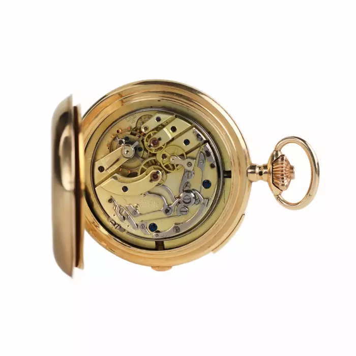 MONTRE DE POCHE EN OR AVEC RÉPÉTITION DES QUARTS, CHRONOGRAPHE, CALENDRIER TRIPLE ET PHASES DE LUNE. REYEM FRÈRES LOCLE  SUISSE, VERS 1900