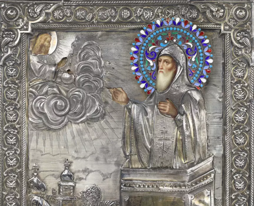 ICON OF SAINT SIMEON THE STYLITE IN A SILVER AND ENAMEL OKLAD. SEMYON GALKIN RUSSIA, MOSCOW, LATE 19TH - EARLY 20TH CENTURY