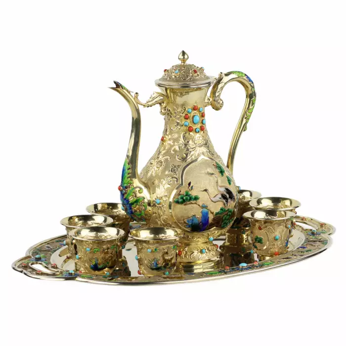 Chinese antique gilt silver enamel tea set. 20th century 