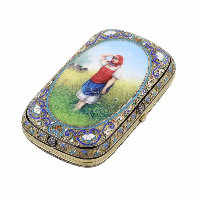 Silver cigarette case with gilding, cloisonné and painted enamel, Ivan Andreyev, Moscow, 1887