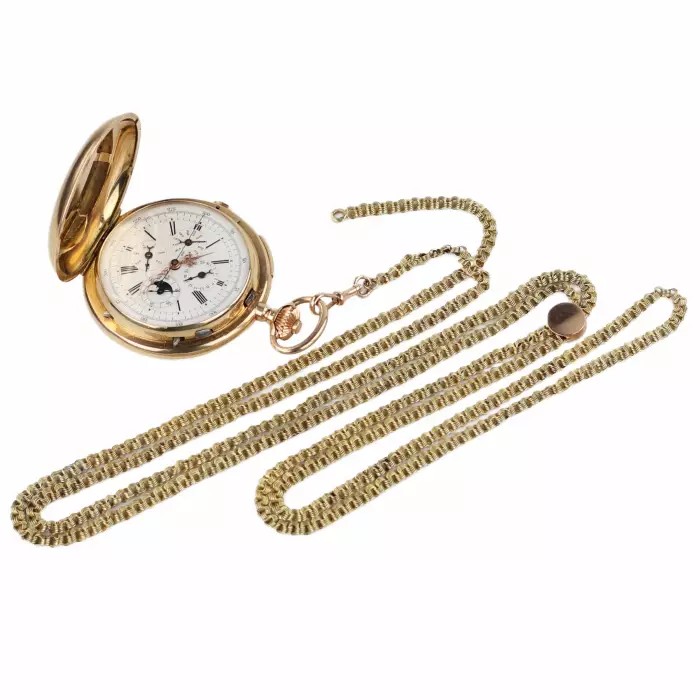 MONTRE DE POCHE EN OR AVEC RÉPÉTITION DES QUARTS, CHRONOGRAPHE, CALENDRIER TRIPLE ET PHASES DE LUNE. REYEM FRÈRES LOCLE  SUISSE, VERS 1900