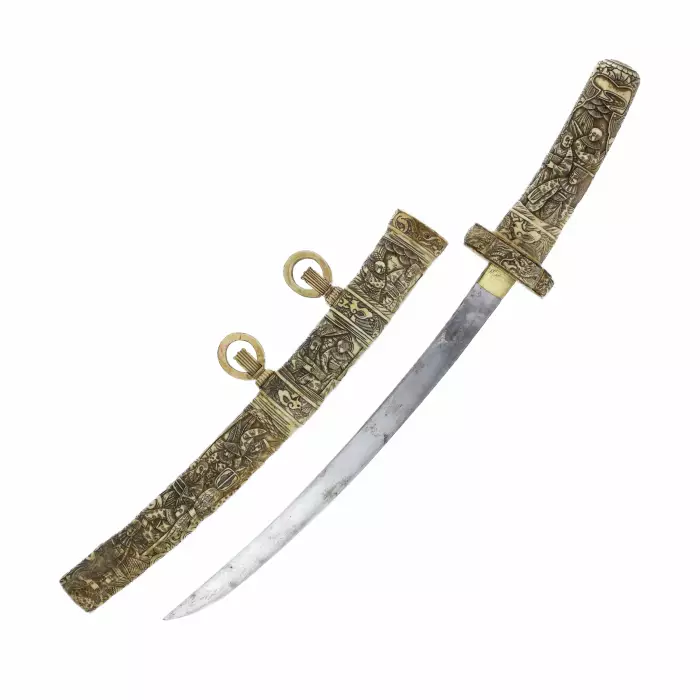 Sabre Wakizashi japonais dans un fourreau en os sculpté, fin de la période Meiji (tournant des XIXe et XXe siècles) 