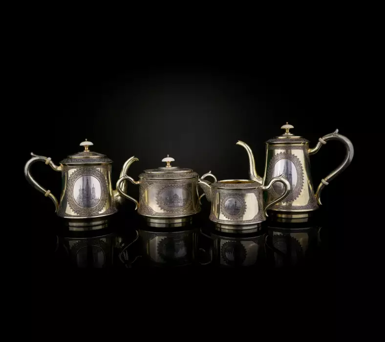 Russian silver tea and coffee set by P. Ovchinnikov, Moscow, 1872