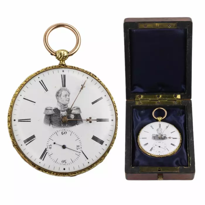 POCKET WATCH IN A GOLD CASE WITH A PORTRAIT OF EMPEROR ALEXANDER I. COURVOISIER FILS  SWITZERLAND, CHAUX-DE-FONDS, CIRCA 1815 - 1825