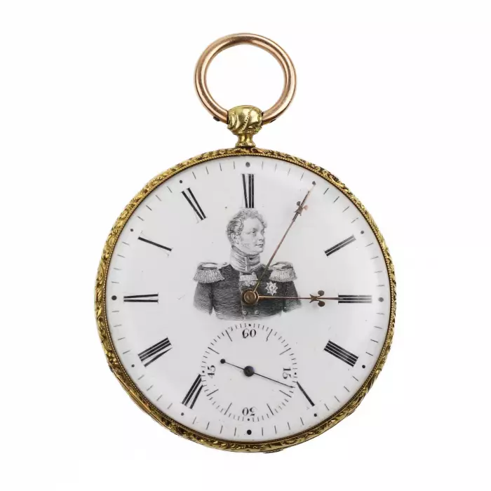 POCKET WATCH IN A GOLD CASE WITH A PORTRAIT OF EMPEROR ALEXANDER I. COURVOISIER FILS  SWITZERLAND, CHAUX-DE-FONDS, CIRCA 1815 - 1825