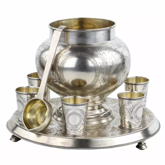 Russian gift silver punch set. A. Ivanov factory. Moscow 1895 