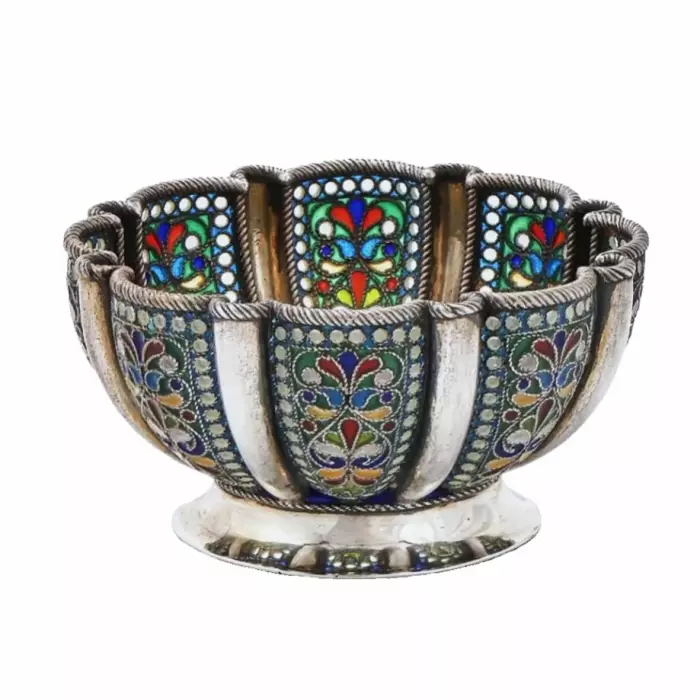 Russian silver bowl with stained glass enamel. Khlebnikov company. Moscow, early 20th century 