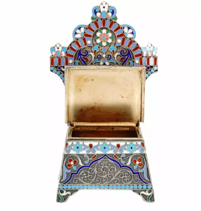 RUSSIAN SILVER SALT THRONE WITH CLOISONNÉ ENAMEL, NIKIFOR ALEKSEEV, MOSCOW, 1899–1908