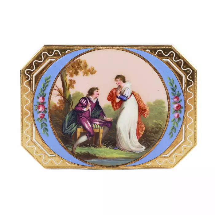 SWISS ENAMEL TOBACCO BOX IN 14K GOLD WITH MINIATURE, GENEVA, 19TH CENTURY