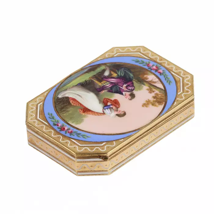 SWISS ENAMEL TOBACCO BOX IN 14K GOLD WITH MINIATURE, GENEVA, 19TH CENTURY
